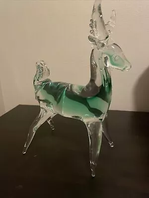 Large Vintage Murano Art Glass Standing Deer Stag Sculpture Statue - Green Clear • $155