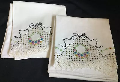 2 Vintage Hand-Embroidered Hand-Crocheted White Linen Pillowcases • $39