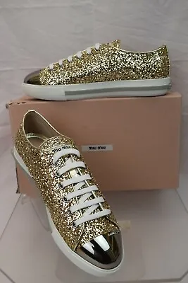 Nib Miu Miu Prada 5e8998 Gold Pirite Glitter Metal Cap Toe Logo Sneakers 40.5 • $295