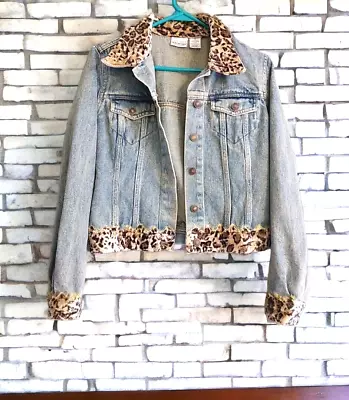 Newport News Jacket Jeanology Jean Denim Size 8 Faux Leopard Fur Accent • $20.28