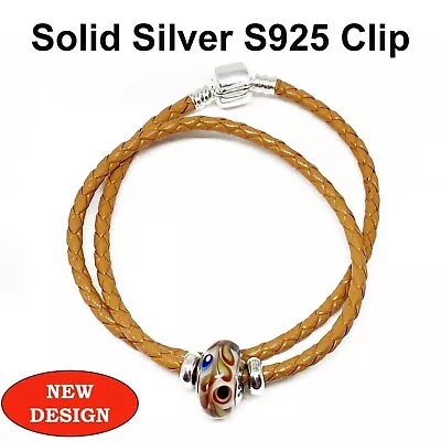 Double Leather Bracelet S925 Silver Clip Stoppers & Brown Murano Charm • £14.99