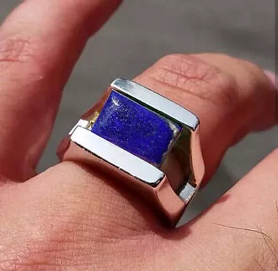 Solid 925 Sterling Silver Natural Blue Lapis Lazuli Gemstone Wedding Men's Ring • $43.23