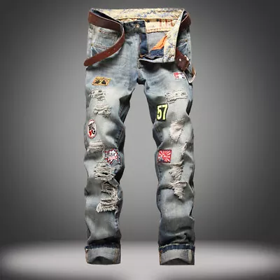 Men's Embroidery Fit Jeans Straight Denim Pants Destroyed Ripped Jeans Trousers • $20.99