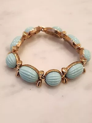 Vintage 1950s CROWN TRIFARI GOLD TONE LARGE PASTEL BLUE CABOCHON BRACELET • $25