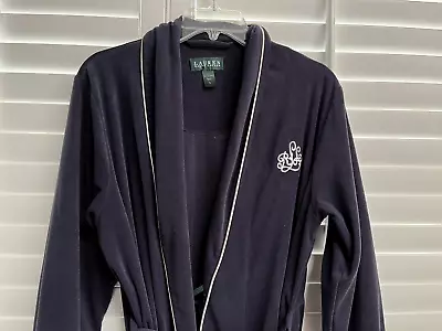 LAUREN RALPH LAUREN Navy Blue Velour Monogram Pockets Plush Bath Dressing Robe S • $14.99