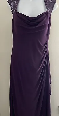 Xscape Purple Gown Dress Size 10P Laced Capped Sleeves Laced Backing Ruched • £12.44