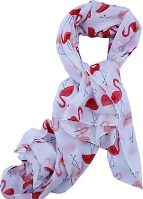 £4.75 • Buy Flamingo Bird Print Scarf Ladies Neck Shawl Wrap Soft White Red Pink
