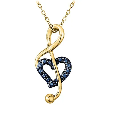 14K Yellow Gold Plated Simulated Blue Diamond Music Note Heart Pendant In Chain • $39.99