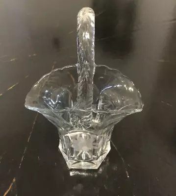 Vintage Clear Glass Basket Vase With Floral Etching • $19