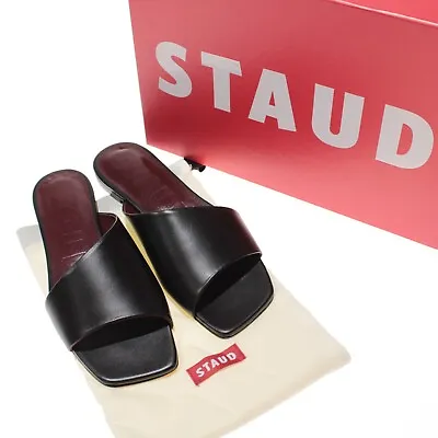 Staud NWB Nevil Slide Flat Sandals Size 38 US 8 In Solid Black Leather • $179.99