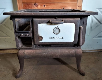 $125 • Buy MUSCOGEE Wood Burning Cook Stove Cast Iron Enamel, Rust Yard Art, Circa 1920's