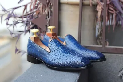 New Men's Blue Crocodile Print Leather Slip On Loafers Dress Handmade Man Shoes • $209.99