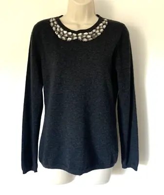 N Peal Womens Sweater Medium Cashmere Gray Crystal Embroidered Collar Crew Neck • $38