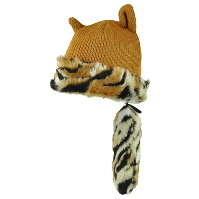 $15.99 • Buy Fox Tiger Tail Crockett Hat Detachable Animal Faux Fur Knit Beanie Fleece Brown 