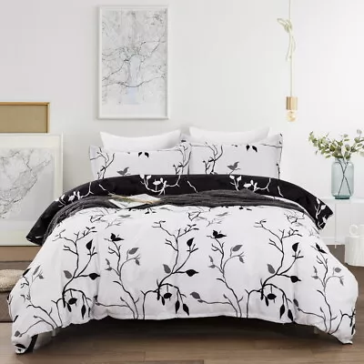 $33.25 • Buy Black White Floral Reversible Doona Duvet Quilt Cover Set Double/Queen/King Size