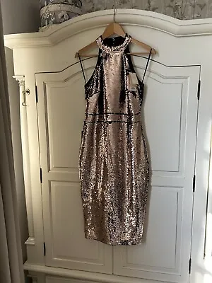 BNWT Size 8 Womens Lipsy Abbey Clancy Dress Black Gold Sequin Halter Reversible! • £22