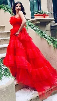 $8995 Monique Lhuillier Collection Tulle Embroidered Red Long Ball Gown Dress 4 • $2109.25