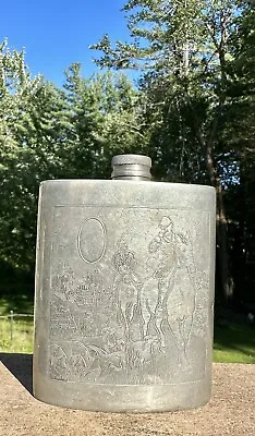 Vintage Sheffield Rose English Pewter Flask Dogs Horses Fox Hunting (?) • $29.99