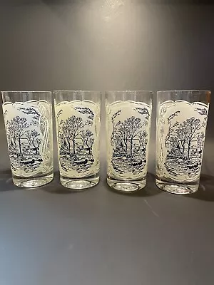 4 Vintage Currier & Ives Frost Blue Glass Old Grist Mill Ice Tea Water Tumblers • $22