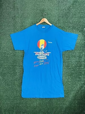 Vintage 90s Mustang Ranch T-Shirt Strip Club Brothel 3D Print Blue Size OSFA • $21.99