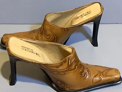 Michelle K Stamped Leather Healed Mules Square Toe Made In Italy Size 8-1/2 • $35.59
