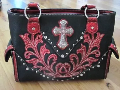 P & G Collection Red Black Leather Rhinestone Studded Cross Western Shoulder Bag • $44.99