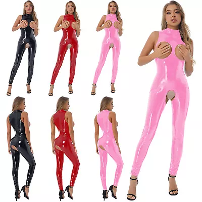 Women's Open Crotch Bodysuit Shiny Leather Lingerie Sleeveless Jumpsuit Catsuits • £23.91