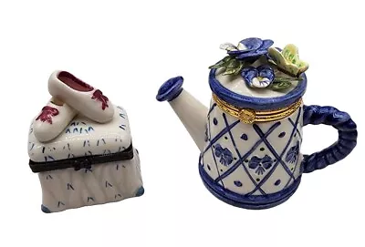 Vtg Ceramic Trinket Box Pair Mudpie 1999 Flowered Watering Can & Ballet Shoes • $19.99