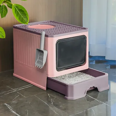 XL Large Hooded Cat Litter Box Cat Pan Drawer Self Cleaning Cat Potty Tray Pink • £19.94