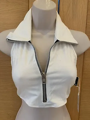 Stunning White Halter Neck Crop Top With Zip Front Detail (S 8-10) BNWT • £15