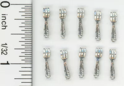 Dollhouse Miniature Set Of 10 Polished Pewter Small Forks • $7.99