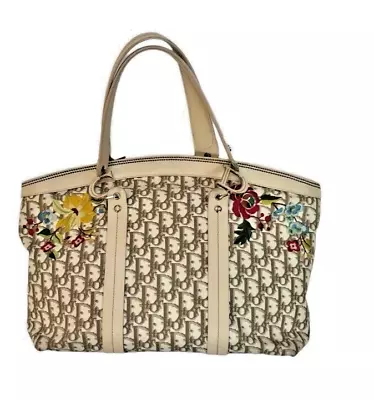 Christian Dior Vintage Detective Ivory & Beige Oblique Monogram Floral Tote Bag • $885