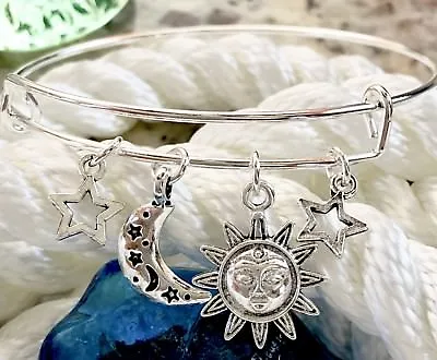 Sun Moon And Stars Celestial Bright Silver Charm Expandable Bangle Bracelet • $3.99