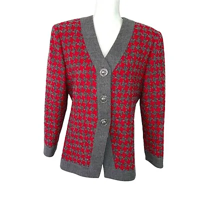 Helga Saks Fifth Avenue Womens Blazer Vintage Boucle Wool Houndstooth Red Gray • $70.97