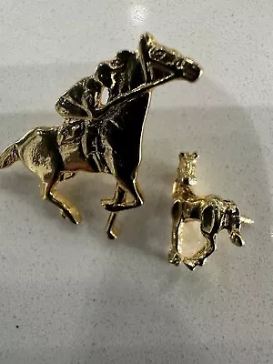 Vintage Gold Tone Racing Horse Jockey And Colt Pin/Brooch Set Of Two • £18.04
