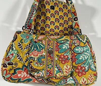 Vera Bradley Provencal Satchel Purse Yellow Teal Pink 12x9x5 Handbag Pockets • $14.50