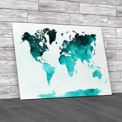 World Atlas Watercolour Map Explore The Global  Teal Canvas Print Large Picture • £59.95