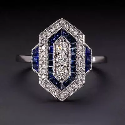 2CT Baguette Cut Simulated Blue Sapphire Deco Vintage Ring 14K White Gold Over • $121.42