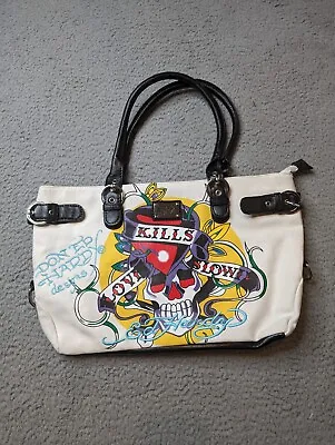 Ed Hardy Womens Handbag Love Kills Slow Slowly Canvas Graphics Embroidered White • $71.90