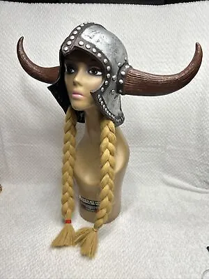 Silver And Brown Rubber Viking Helmet Bull Horns And Braids Costume Hat • $27.20