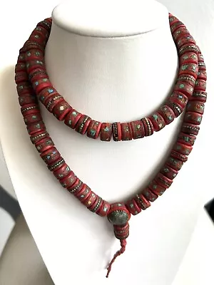 Tibetan /Ethnic Yak Bone With Coral And Turquoise Large Mala Beads Handmade • $54.99