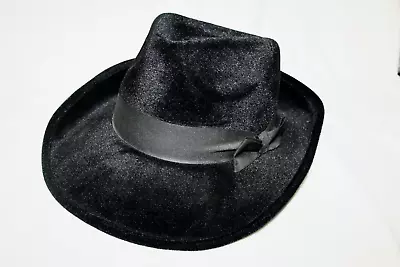 Vintage Black Velvet Gangster Fedora Hat Costume Pinch Front Wide Brim Classic L • $50