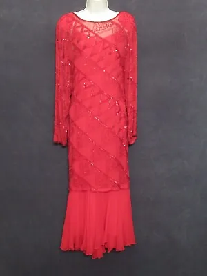 Vintage Oleg Cassini Vixen Red Silk Deco Beaded Mermaid Flutter Long Dress L • $99.99