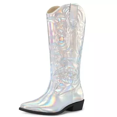  Women's Cowboy Boots Mid Calf Cowgirl Boots 6 Metallic Iridescent Silver • $57.68