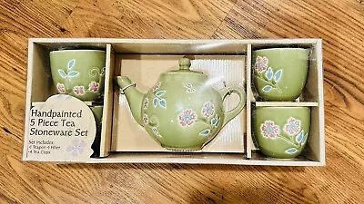 New Vintage Hand Painted Green Floral Stoneware Porcelain Tea Set • $18