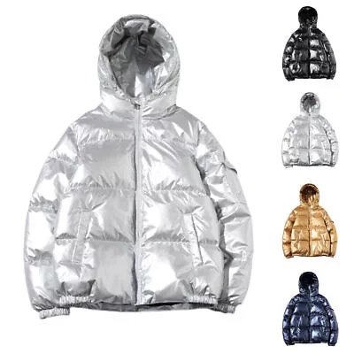 Mens Winter Shiny Quilted Padded Jacket Hooded Cotton Coat Warm Bubble Outerwear • $44.63