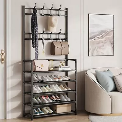 New Coat And Hat Stand 8 Hooks Metal Shoe Rack 5 Tiers Shelf Hanger Black • £13.99