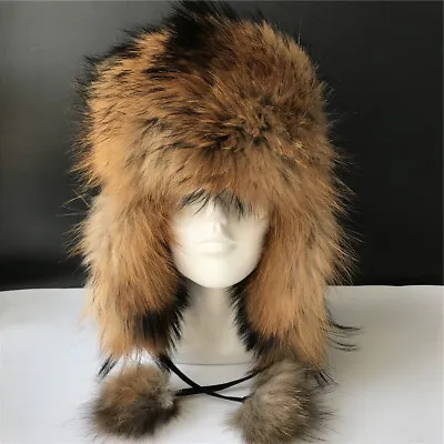 Real Raccoon Fur Hat Russian Aviator Ski Caps Leather Trapper Hat W EarFlap • $38