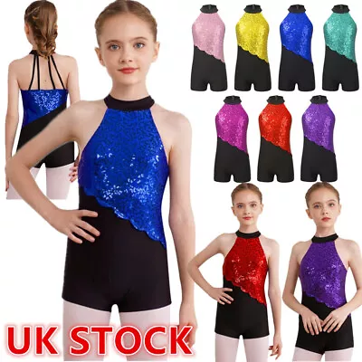 UK Kid Girl Halter Neck Sequin Ballet Gymnastics Leotard Dance Bodysuit Biketard • £4.41