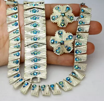 Vintage Coro?  Jewelry Set Blue AB Rhinestone Necklace Bracelet Earrings • $9.99